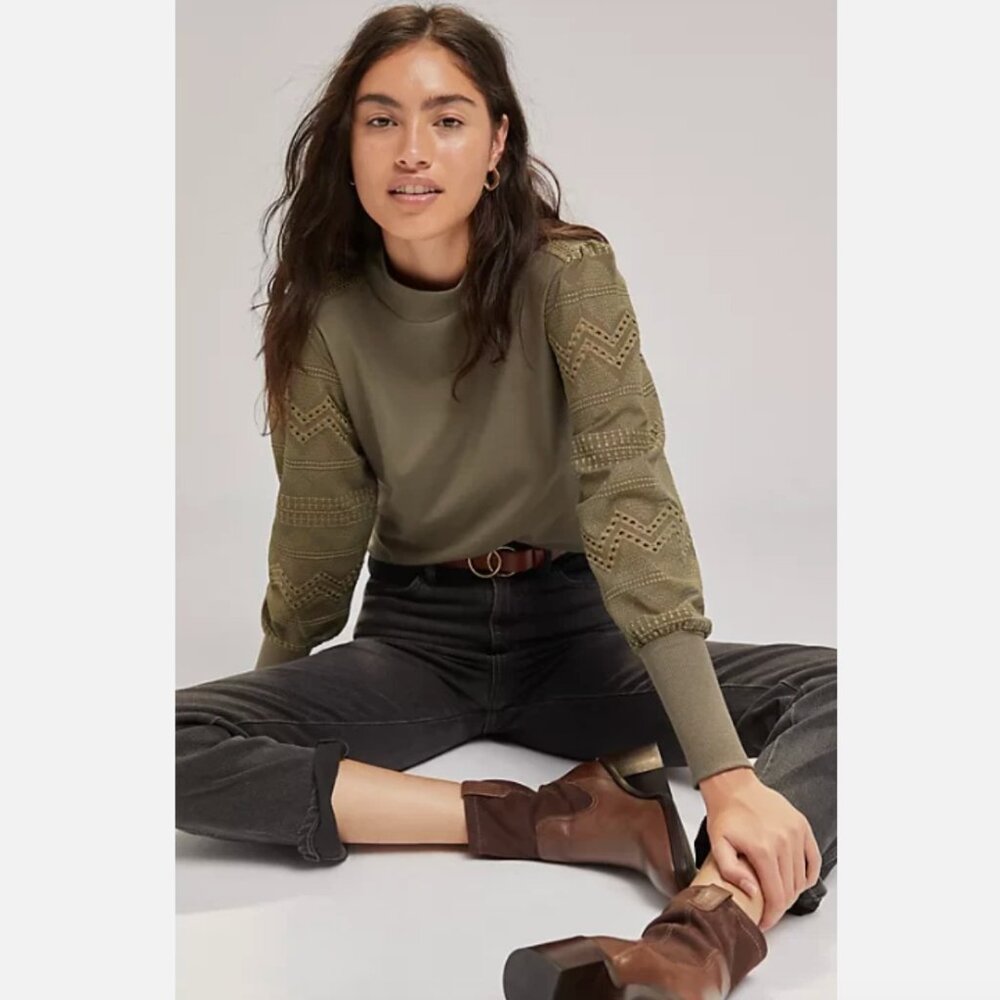Anthropologie Tiny Olive Green Helen Lace Mock Neck Long Sleeve Top - Size XS